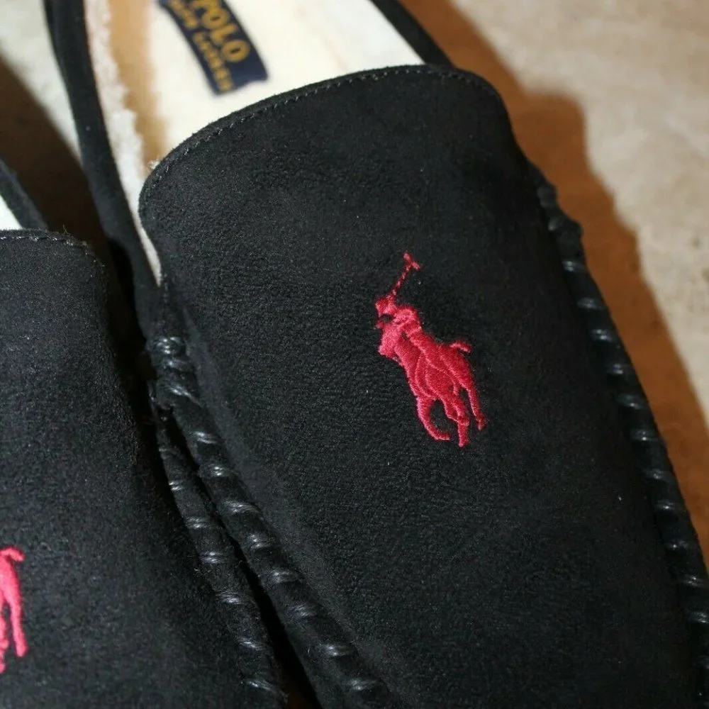 POLO RALPH LAUREN MEN'S SUEDE SLIPPERS BLACK‎ RED